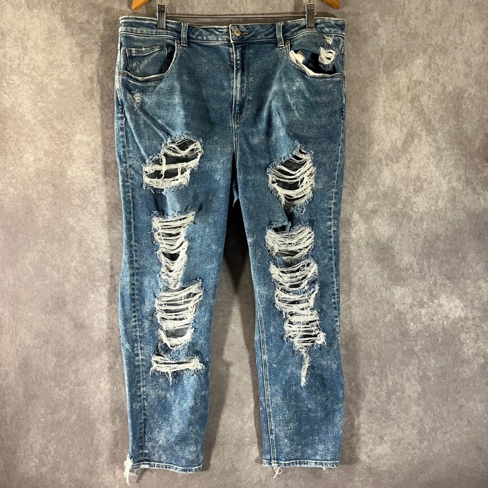 American‎ Eagle Mom Jean Women 18 Blue Acid Wash Distressed Stretch High Rise